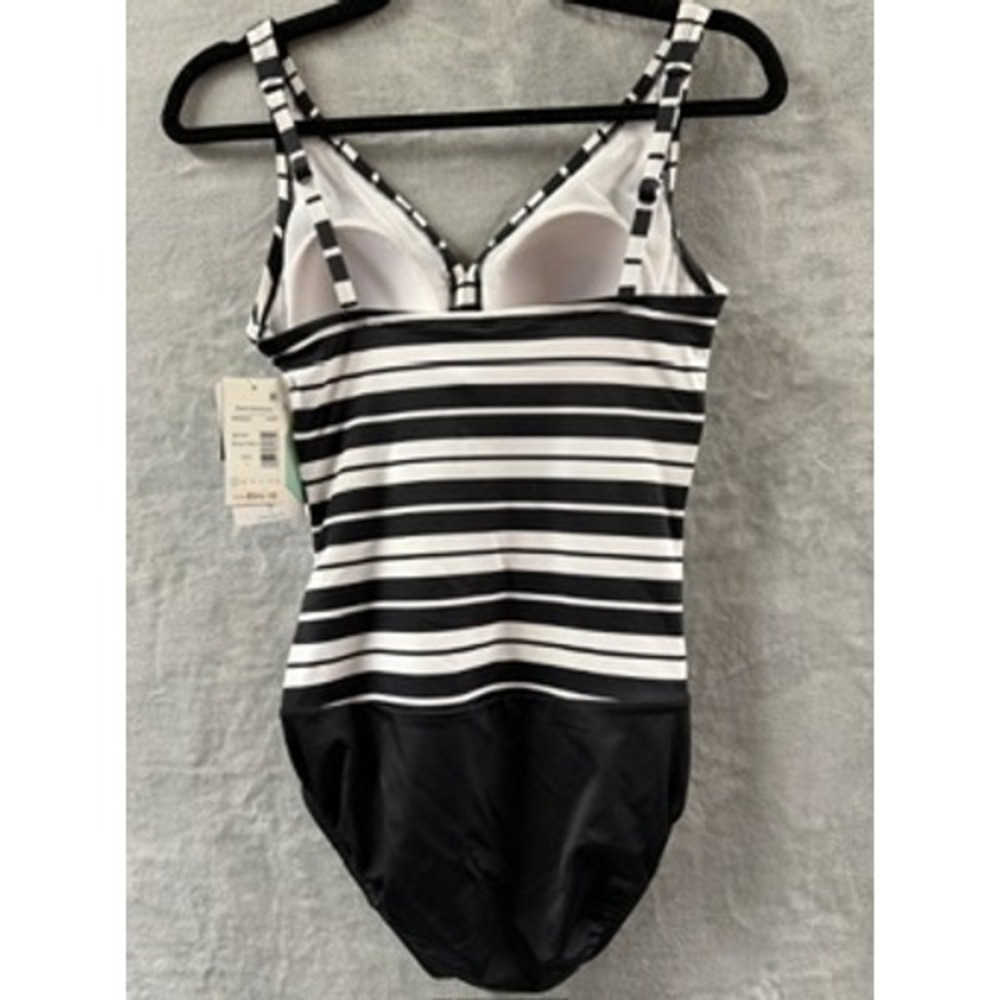 Swim Solutions Women Black White Striped Ruched V-Neck One-Piece Swimsuit NWT 8 - Picture 12 of 14